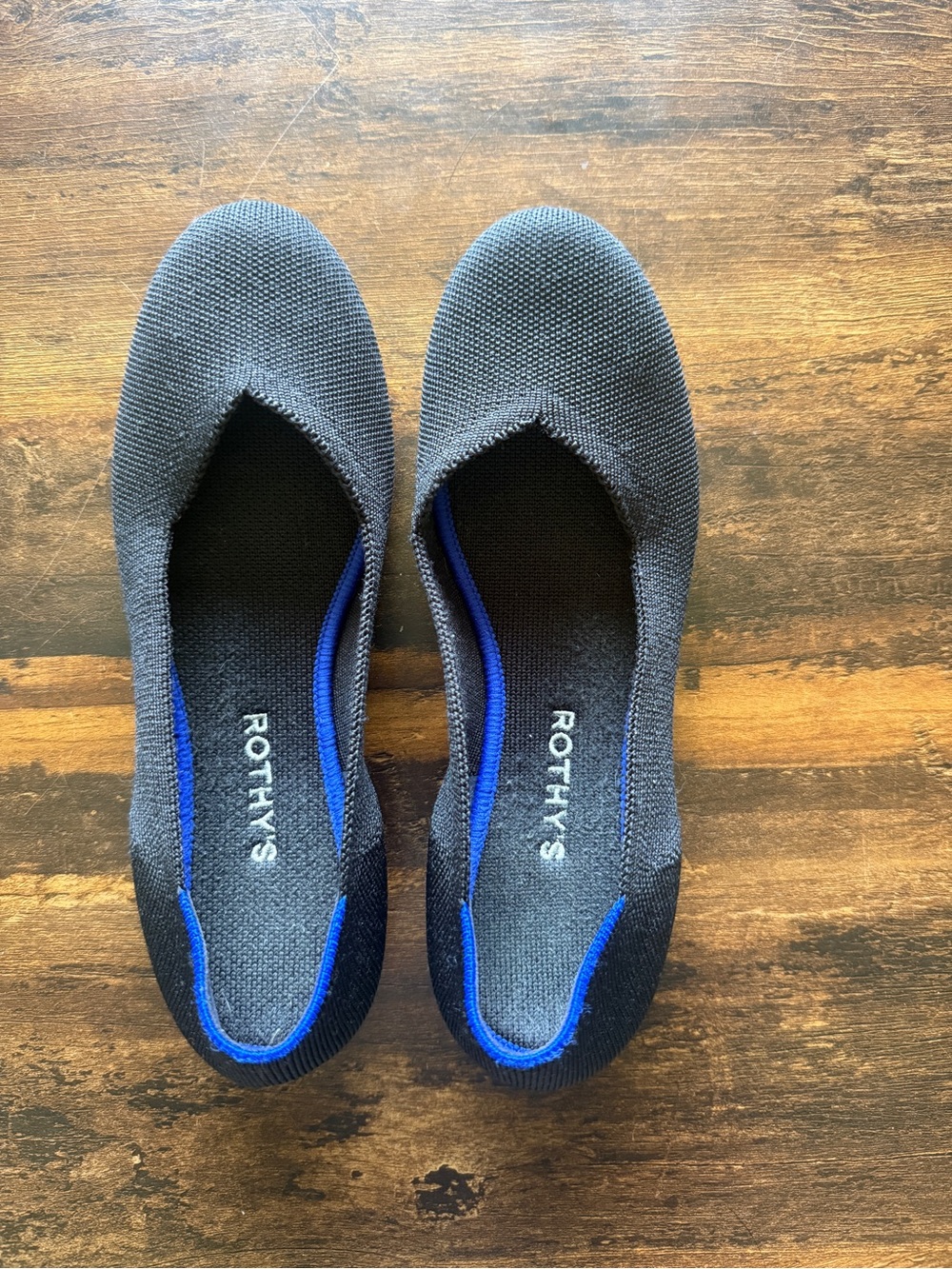 Rothy's Black Knit Ballet Flats with Blue Trim